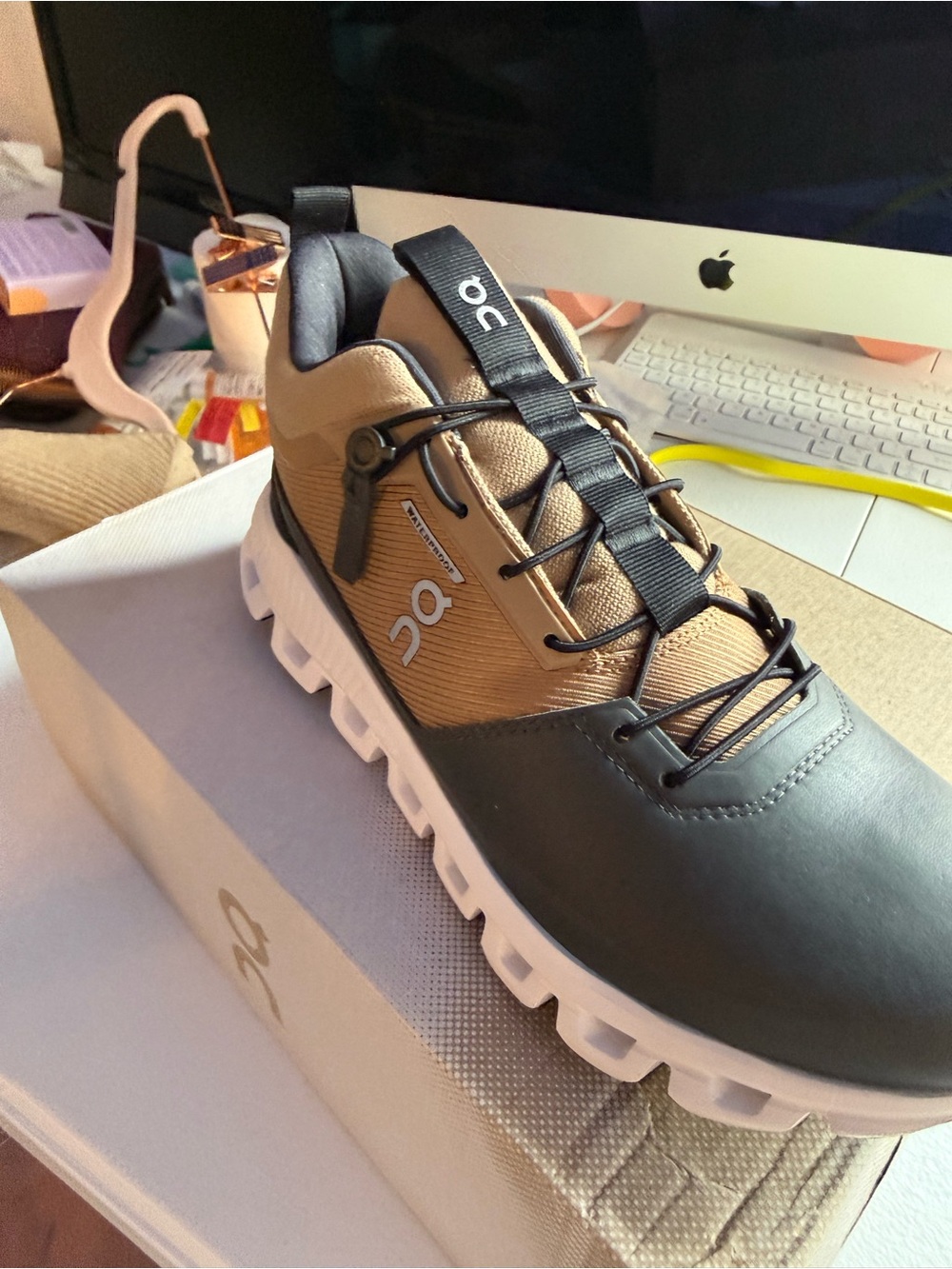 On Running Men's Athletic Shoe in Tan and Black - Picture 10 of 12